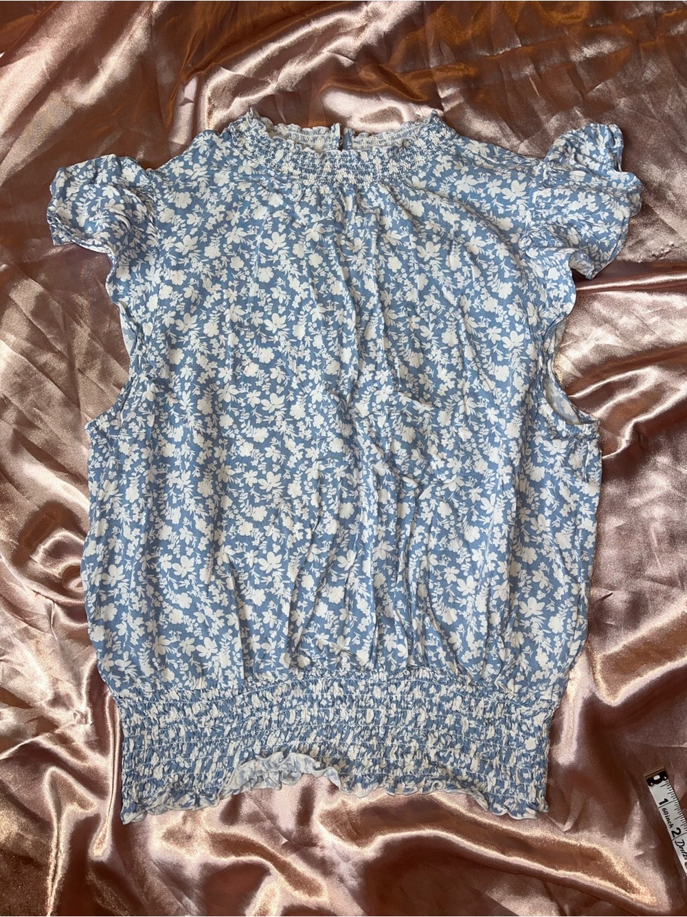 Laundry By Shelli Segal Light Blue Floral Smocked-Hem Blouse